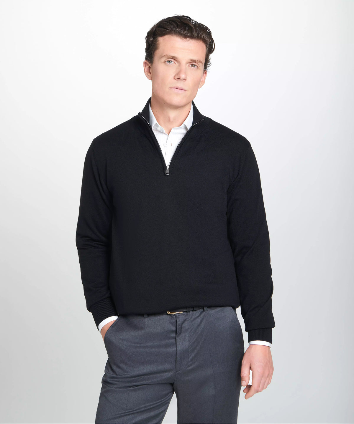 Black Merino Wool Zip Neck Sweater