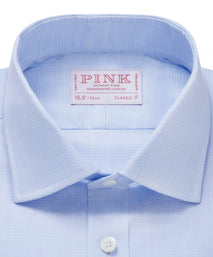 Pale Blue & White Classic Fit Double Cuff Prince of Wales Check Formal Shirt