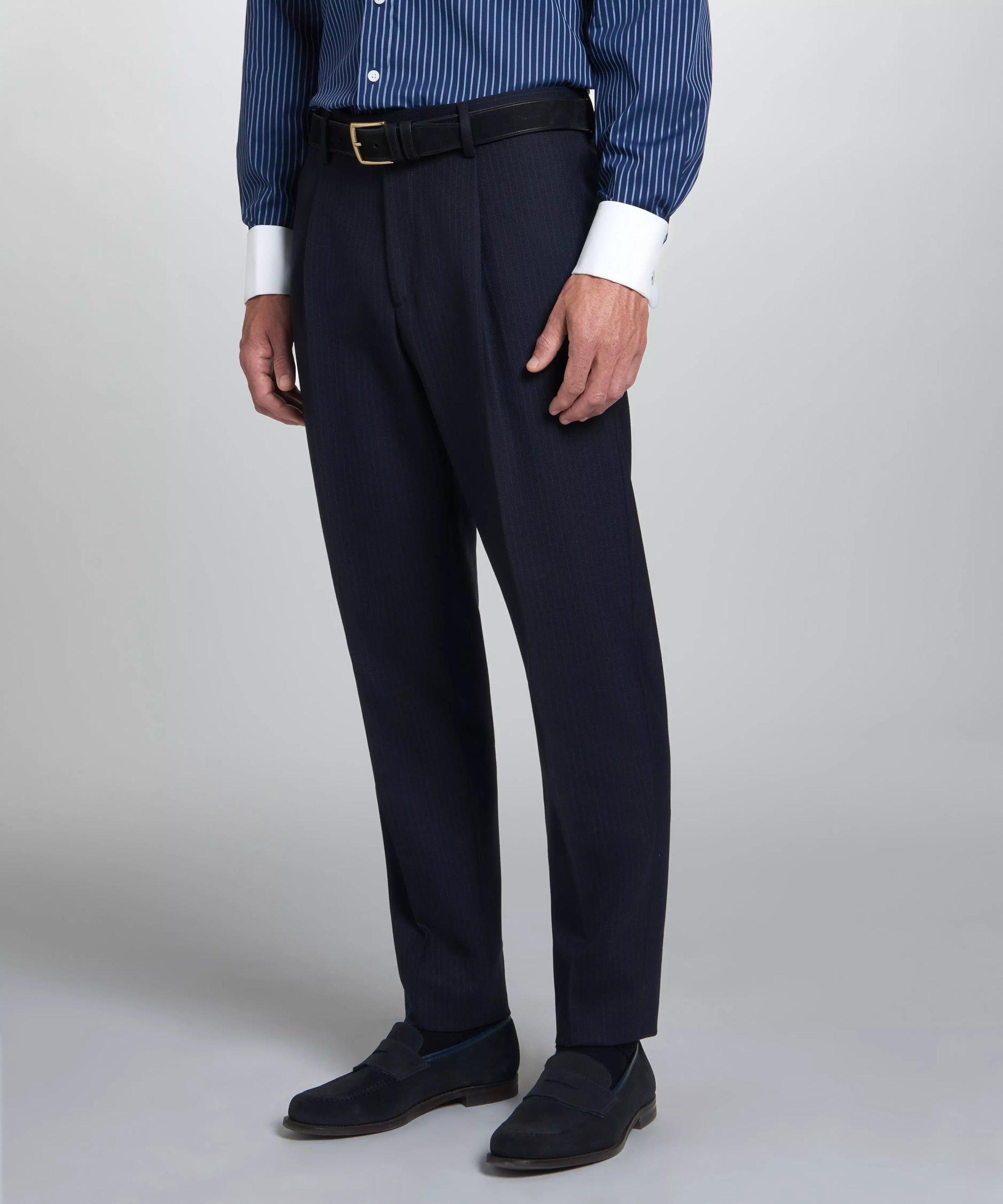 Navy Tailored Fit Wool Chalk Stripe Pleated Trouser